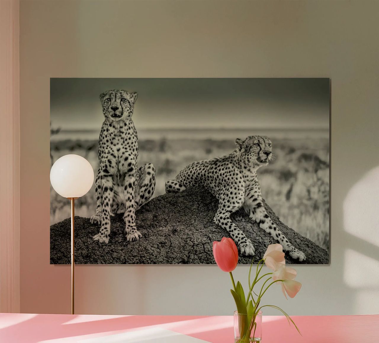 Two Cheetahs Watching Out - Henrike Scheid Poster mit Kunststoffrahmen von Pictufy