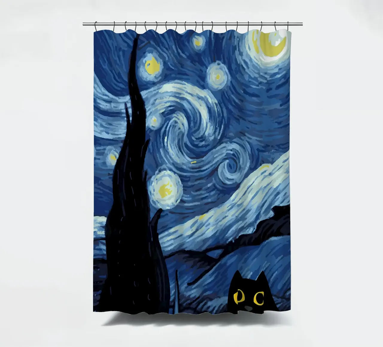 Starry Black Cat Funny shower curtain by Adrian Patel