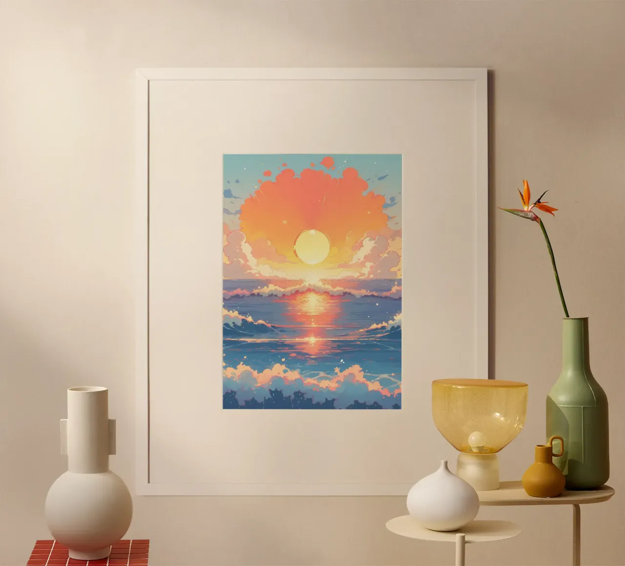 Atardecer en el océano poster con marco de madera de Bartosz Powalka