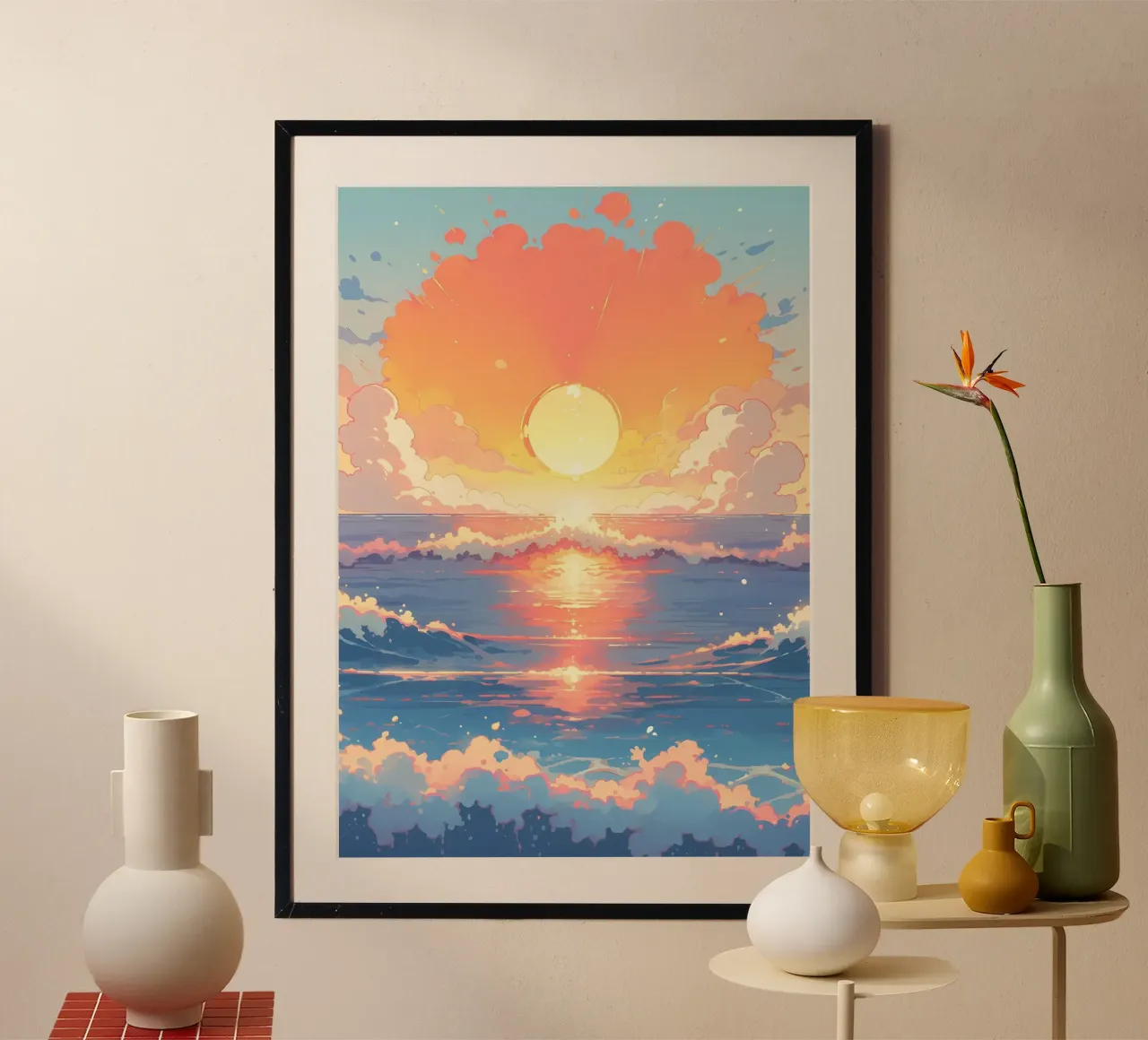 Atardecer en el océano poster con marco de madera de Bartosz Powalka