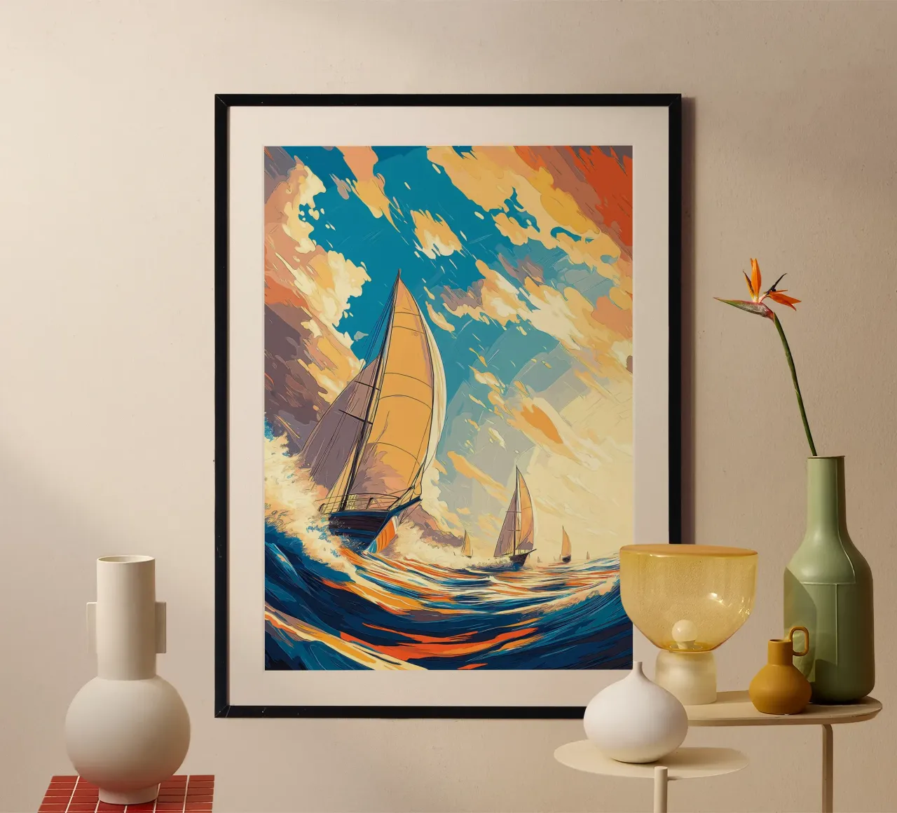 Navigazione al tramonto poster con telaio in legno da Bartosz Powalka