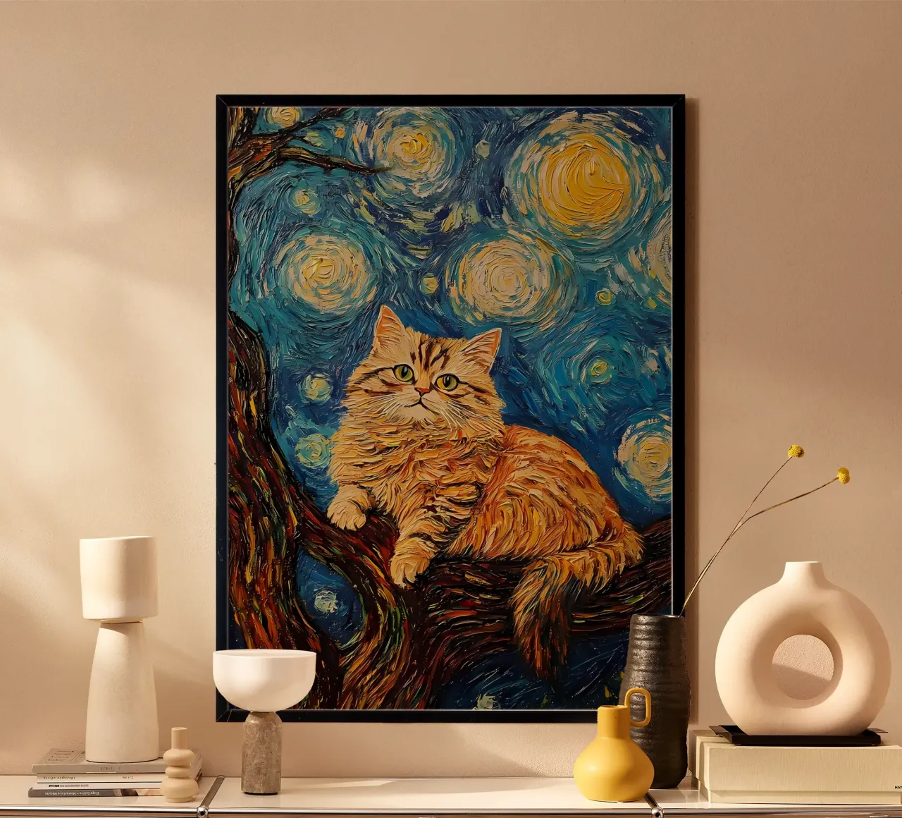 gatto van gogh poster con telaio in plastica da Adrian Patel