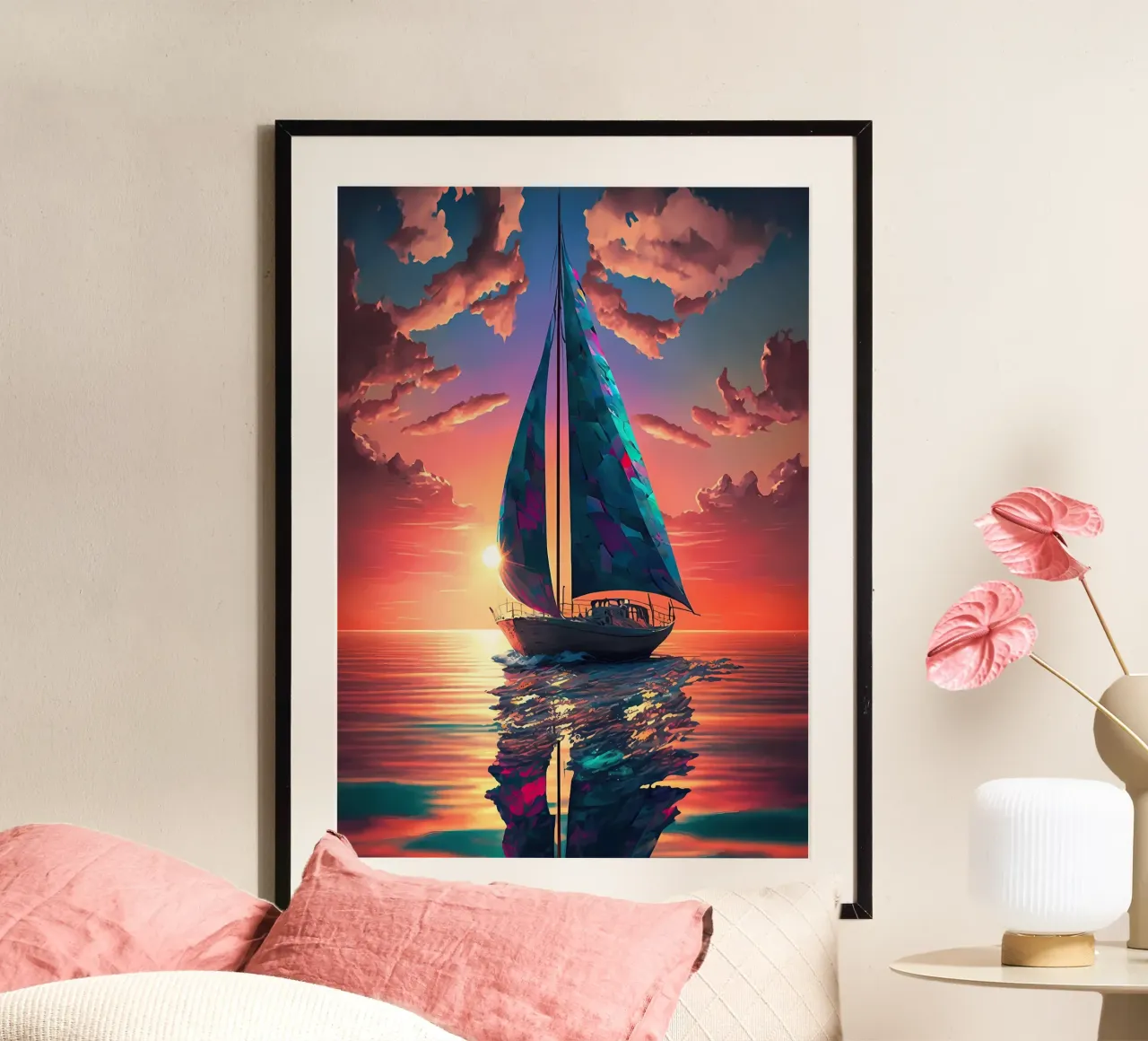 Zeilboot Zonsondergang Landschap poster met aluminium frame van Bartosz Powalka