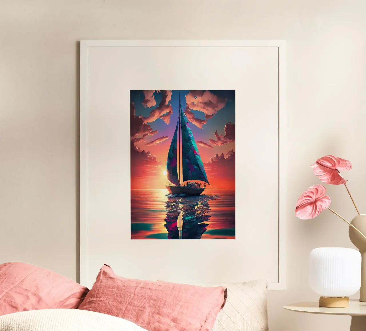 Zeilboot Zonsondergang Landschap poster met aluminium frame van Bartosz Powalka
