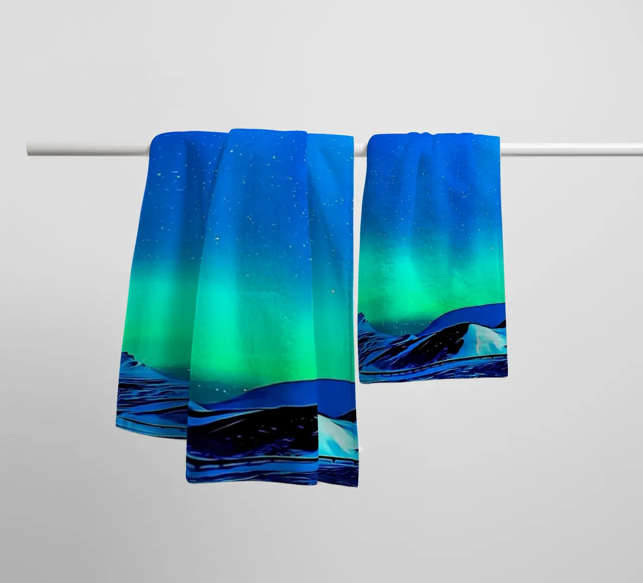 Aurora and snowy landscape towel by Matthew Katz