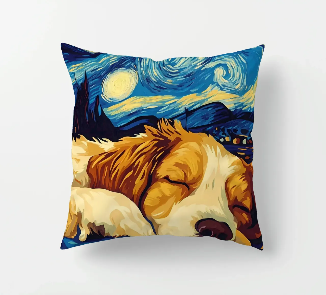 Dog Sleeping Under Starry Night decorative cushion by Adrian Patel