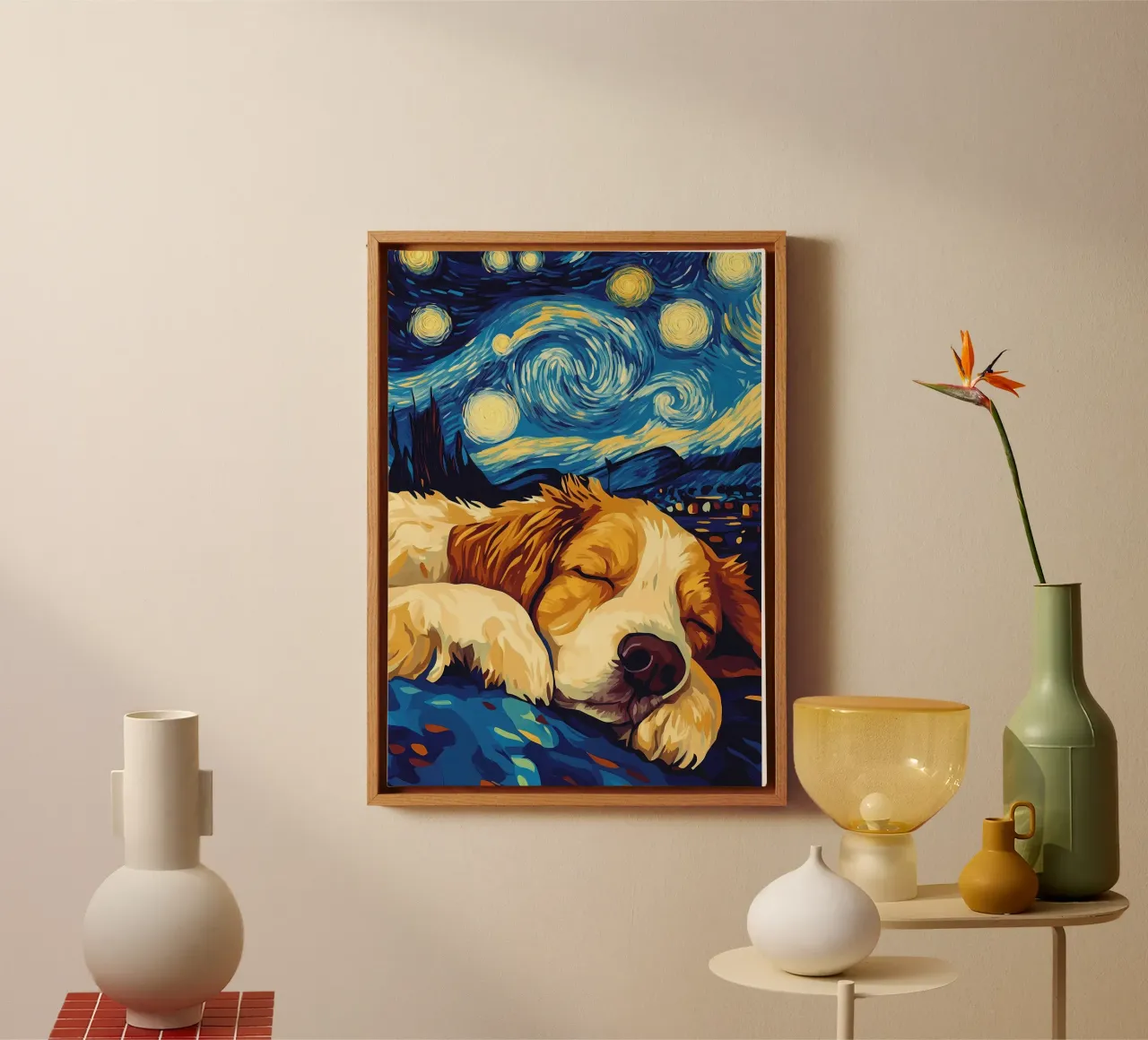 Cane che dorme nella notte stellata tela con Cornice a cassetta da Adrian Patel