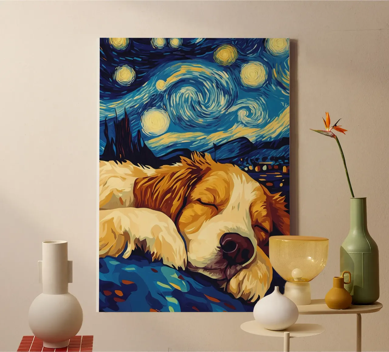 Cane che dorme nella notte stellata tela con Cornice a cassetta da Adrian Patel
