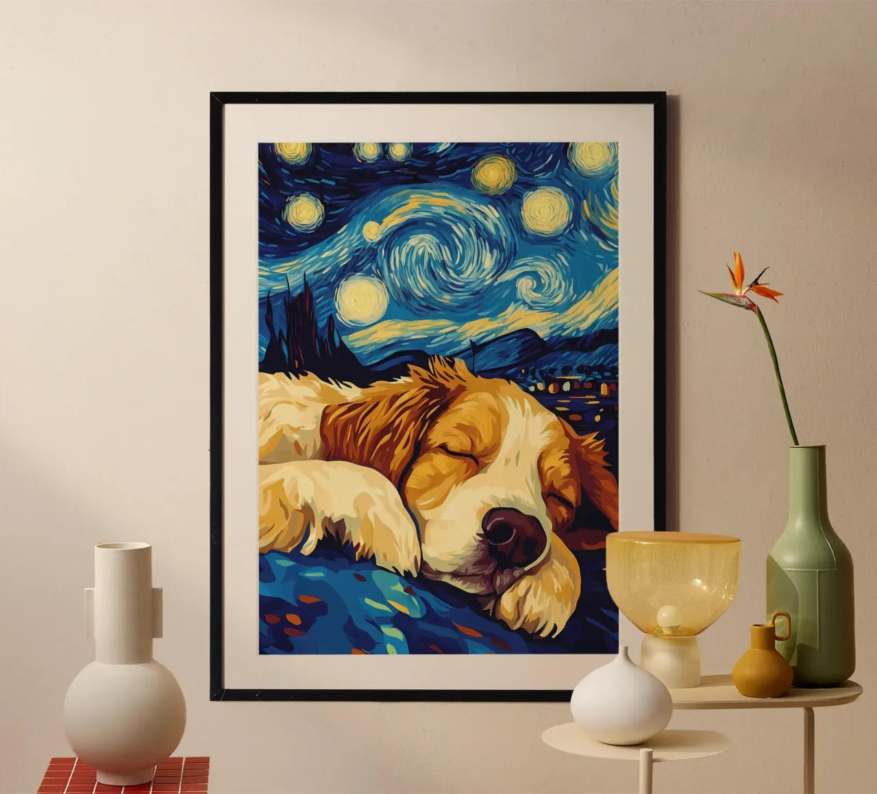 Cane che dorme nella notte stellata carta hahnemühle da Adrian Patel