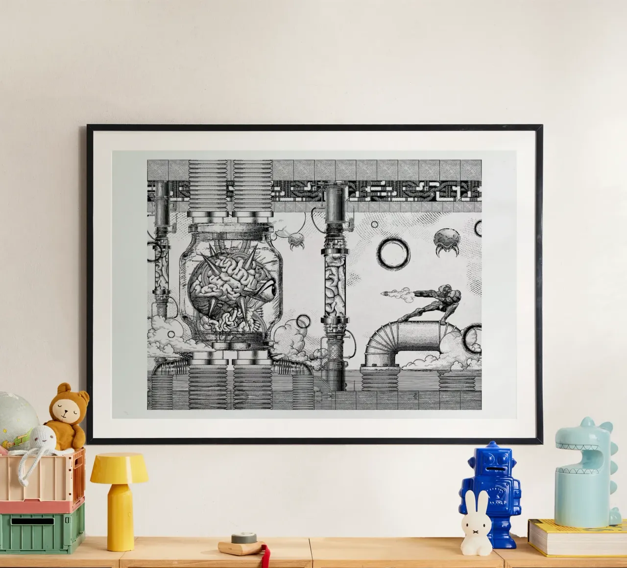 Metroid Mother Brain Vintage Scene poster con telaio in plastica da Barrett Biggers