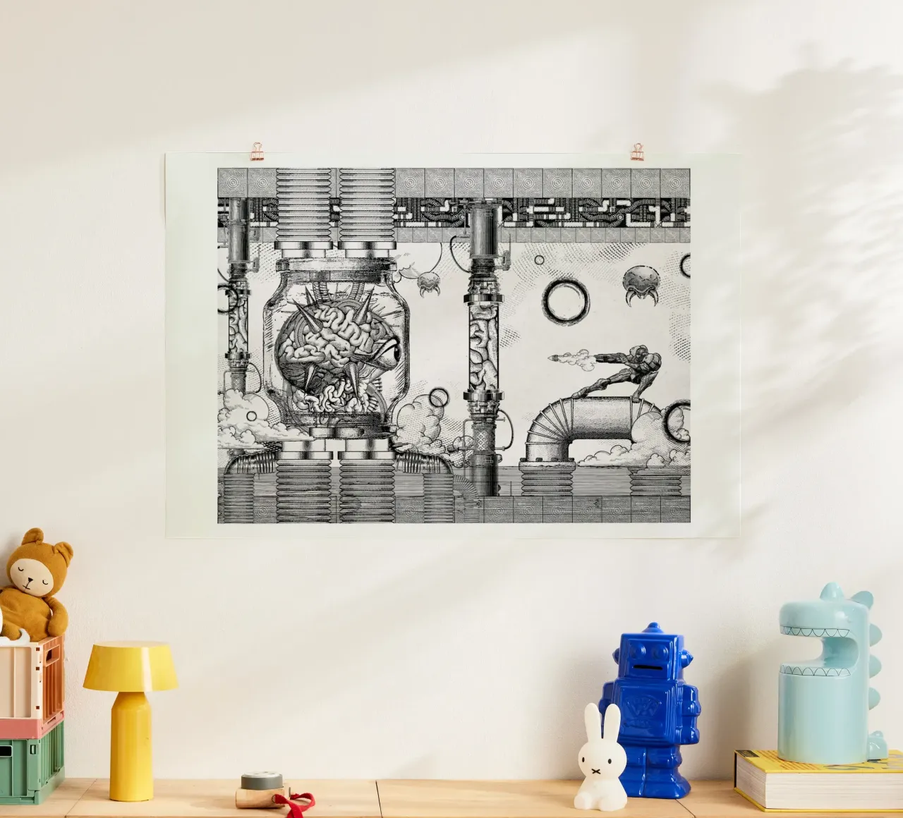 Metroid Mother Brain Vintage Scene poster con telaio in plastica da Barrett Biggers