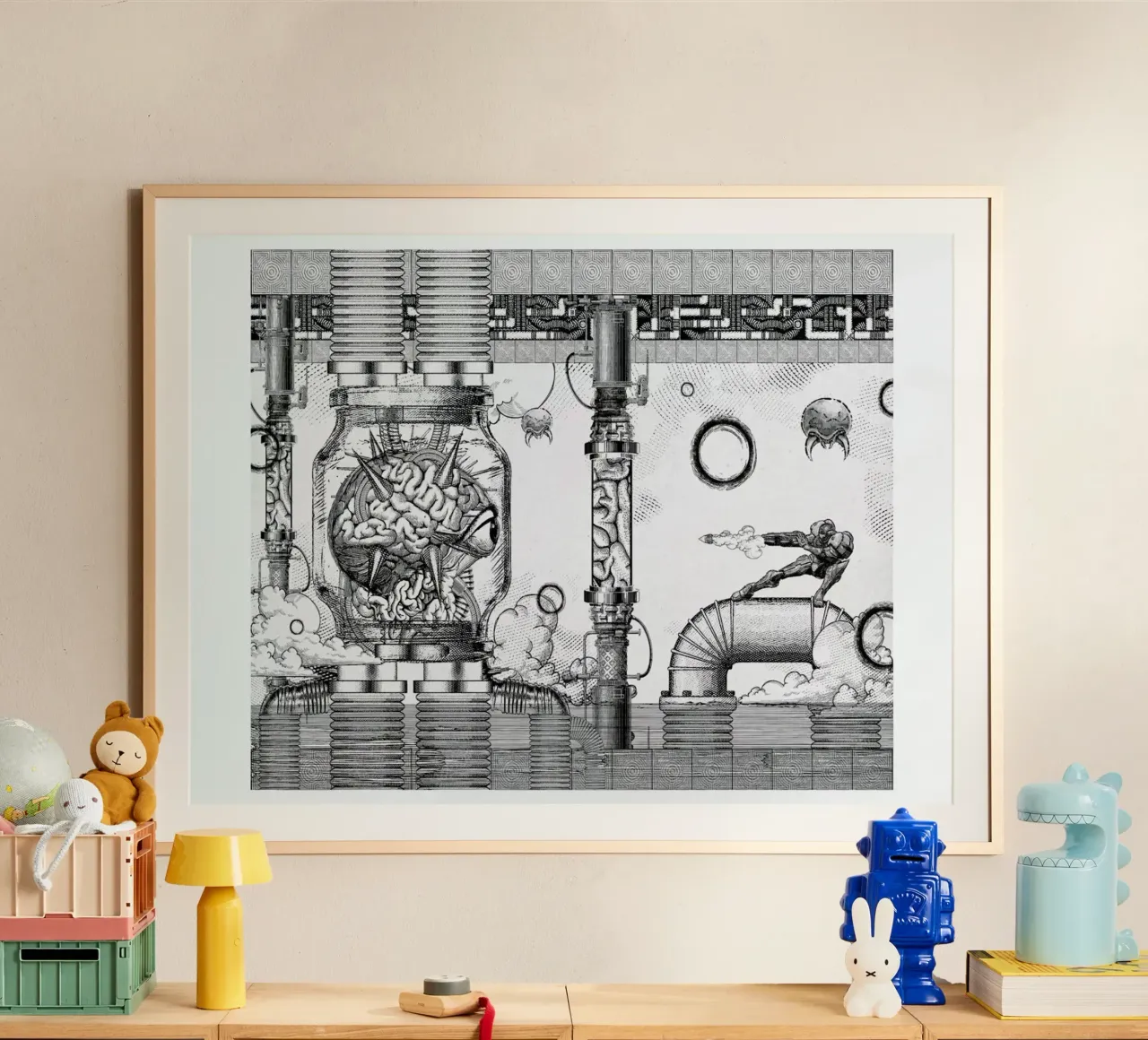 Metroid Mother Brain Vintage Scene poster con telaio in plastica da Barrett Biggers