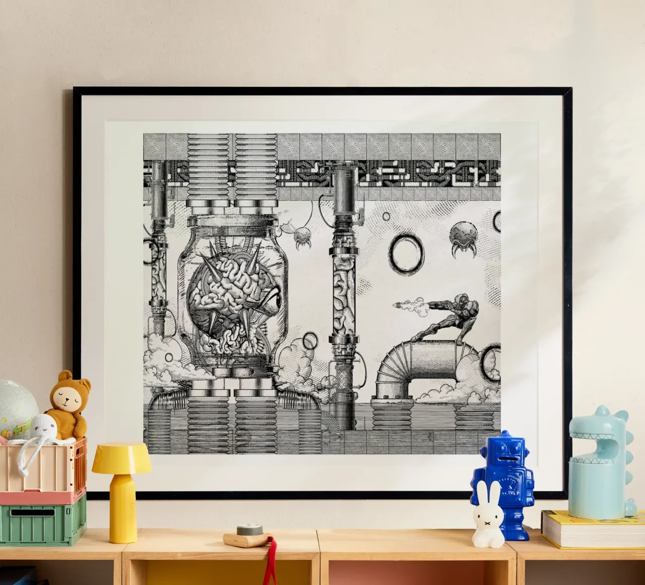 Metroid Mother Brain Vintage Scene poster con telaio in plastica da Barrett Biggers