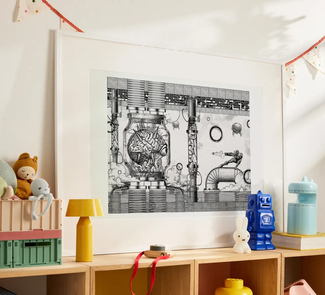 Metroid Mother Brain Vintage Scene poster con telaio in plastica da Barrett Biggers
