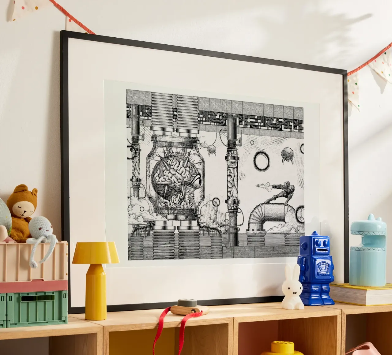 Metroid Mother Brain Vintage Scene poster con telaio in plastica da Barrett Biggers