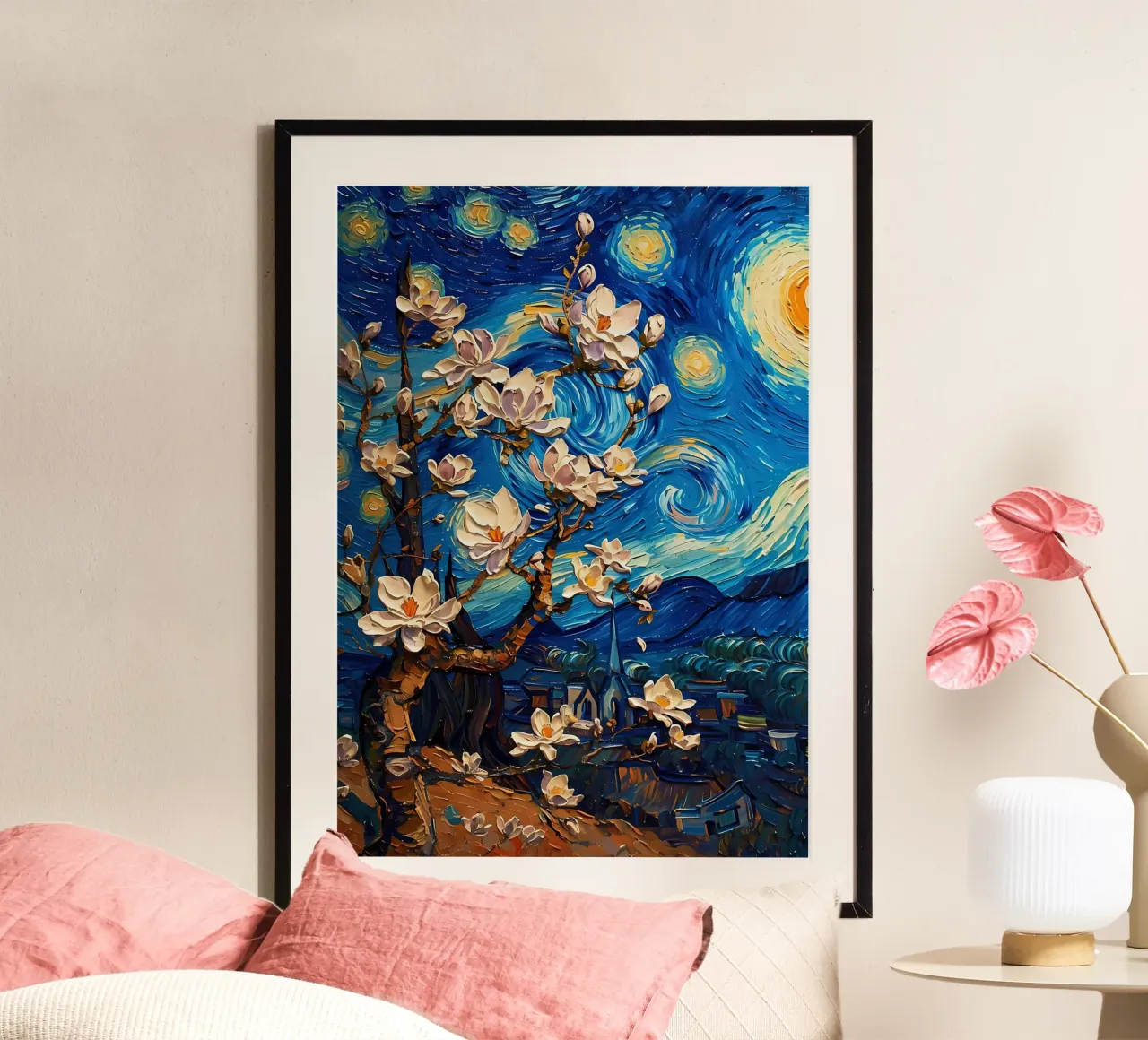 fiore di magnolia van gogh poster con telaio in legno da Adrian Patel