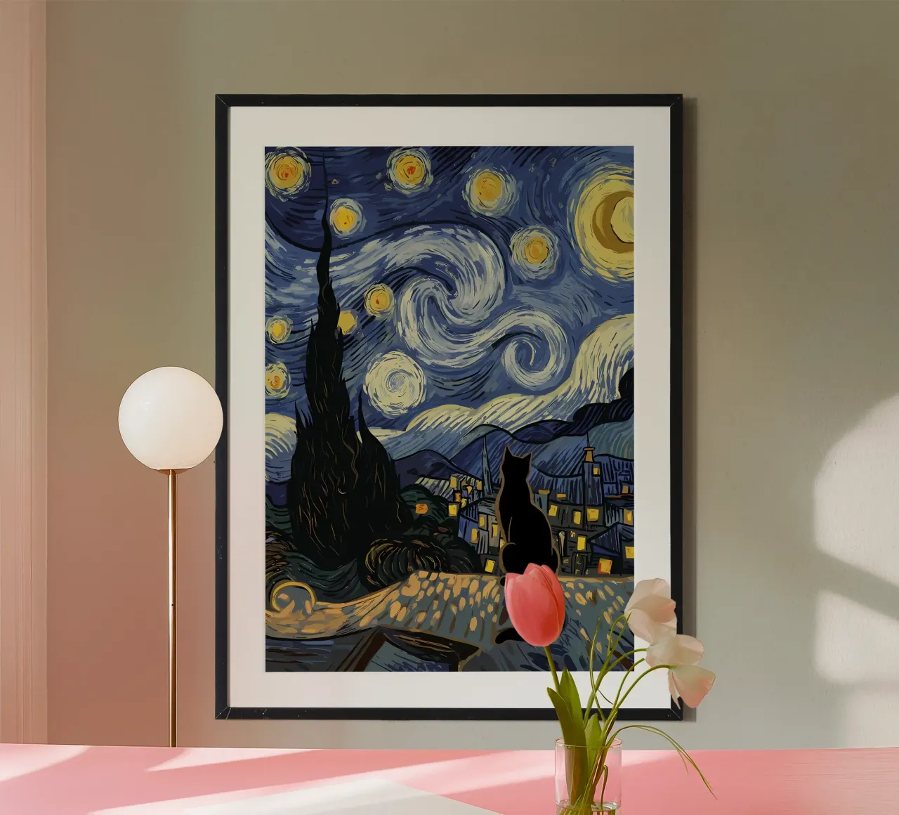 Gatto notturno stellato poster con telaio in alluminio da Adrian Patel
