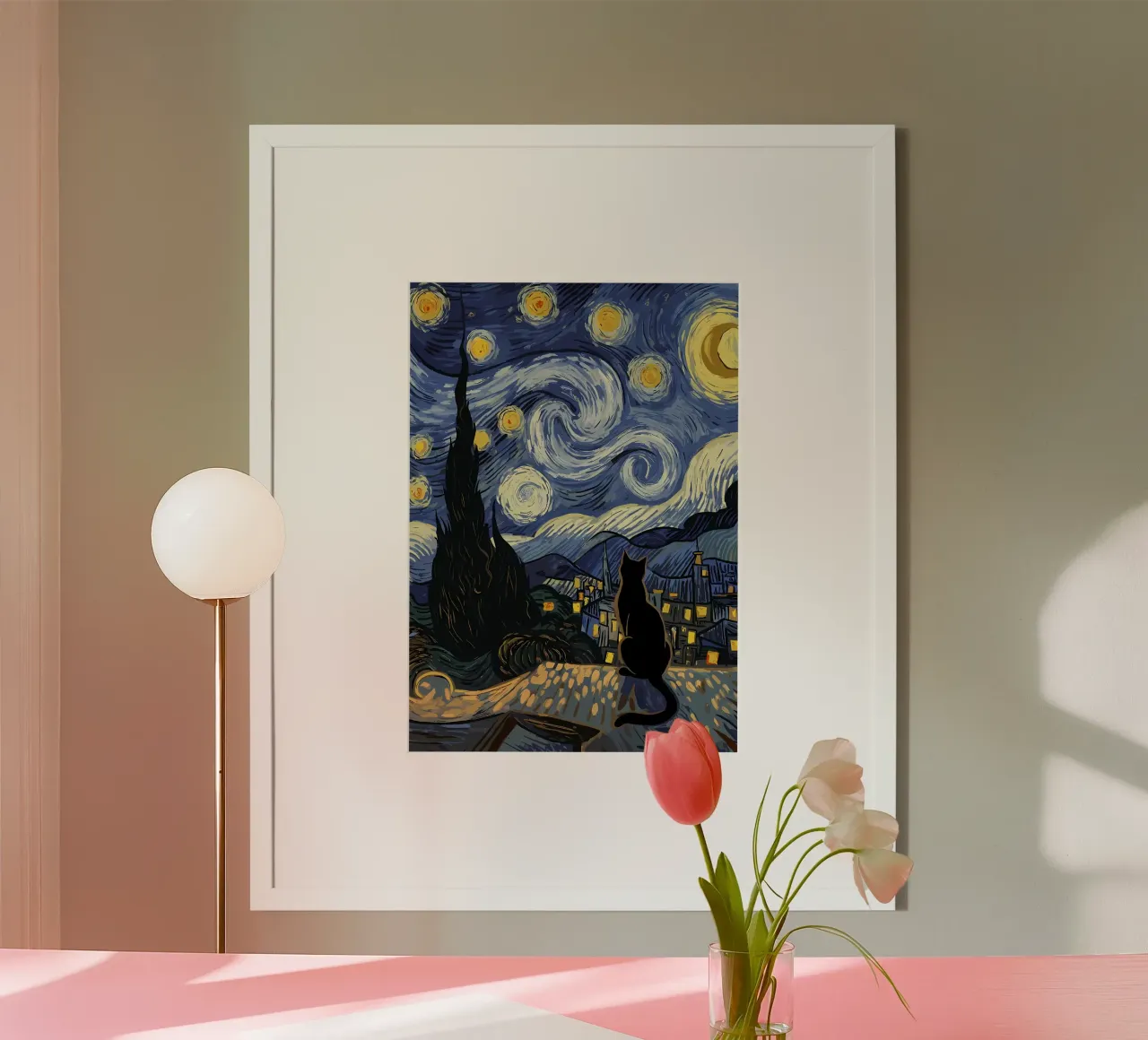 Gatto notturno stellato poster con telaio in alluminio da Adrian Patel