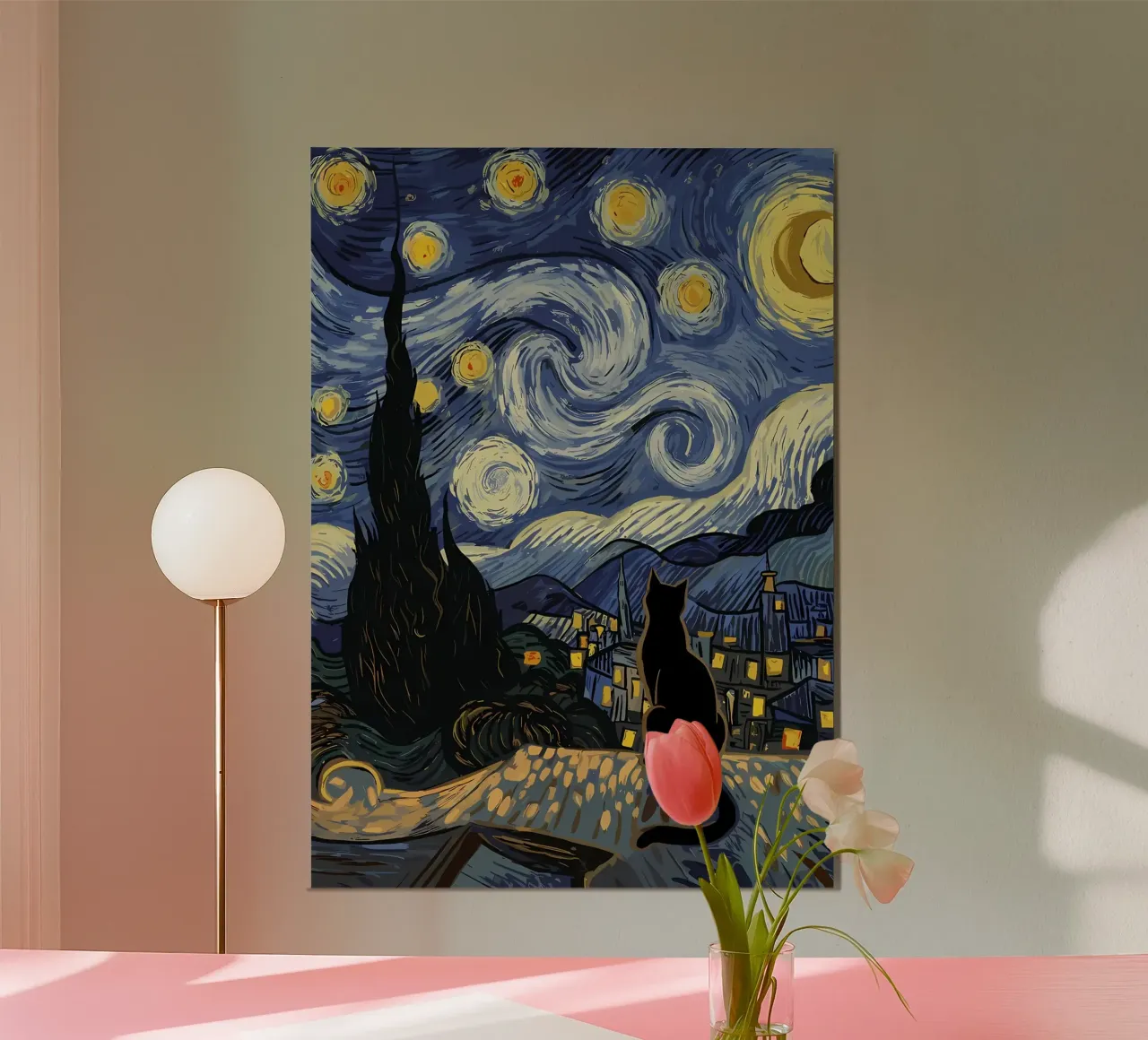 Gatto notturno stellato poster con telaio in alluminio da Adrian Patel