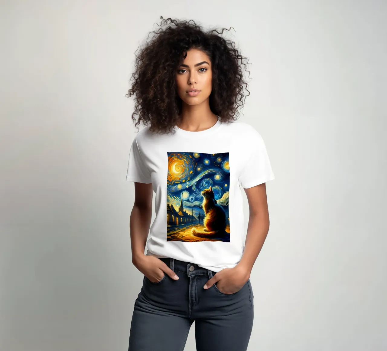 Gatto notte stellata van gogh t-shirt da Adrian Patel