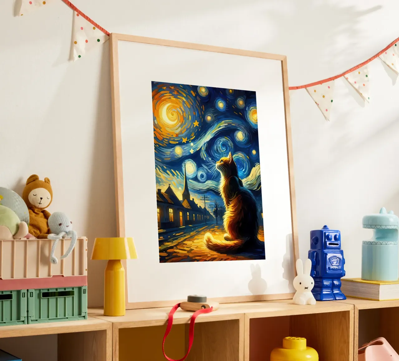Gatto notte stellata van gogh poster con telaio in plastica da Adrian Patel