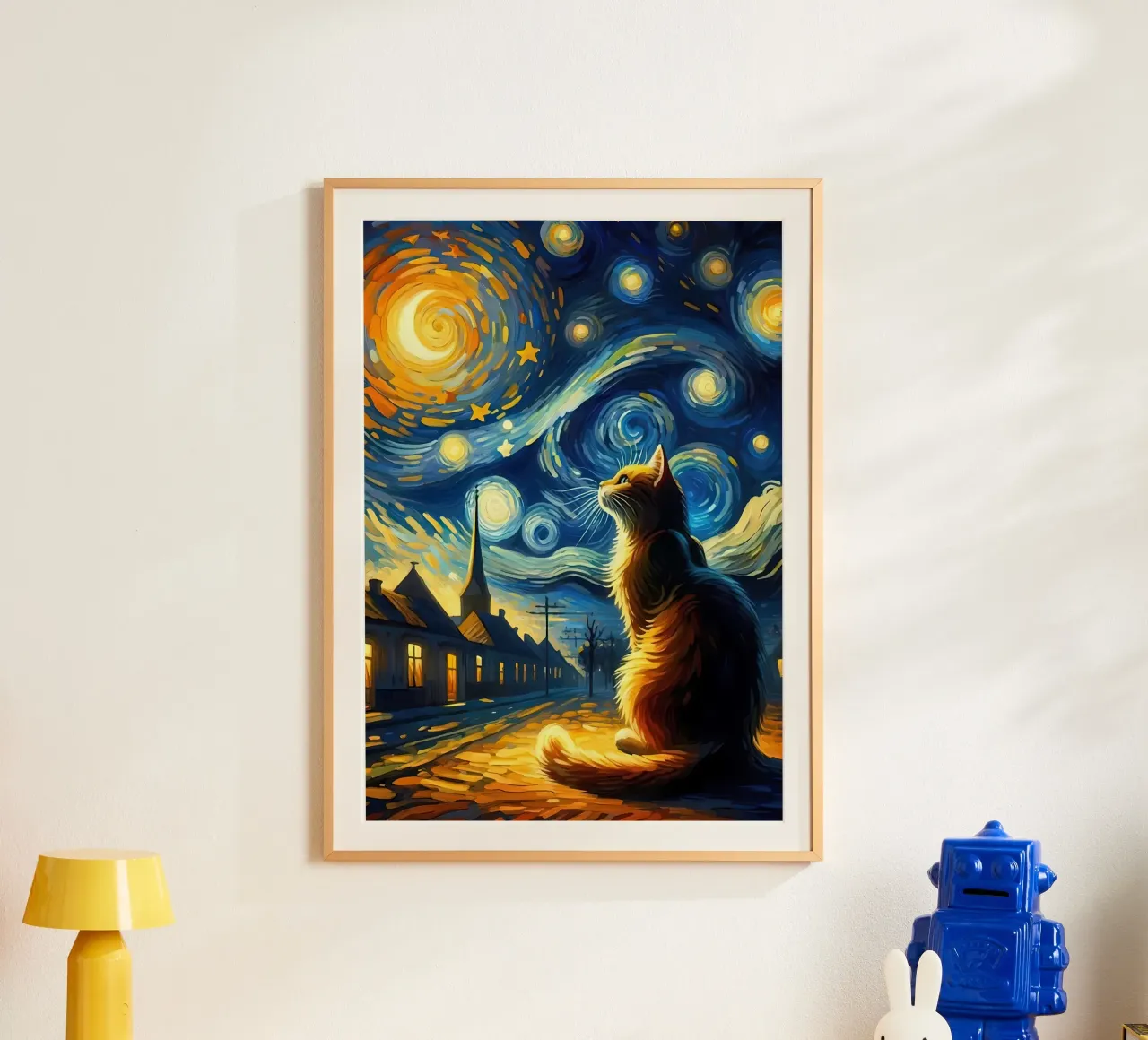 Gatto notte stellata van gogh poster con telaio in plastica da Adrian Patel