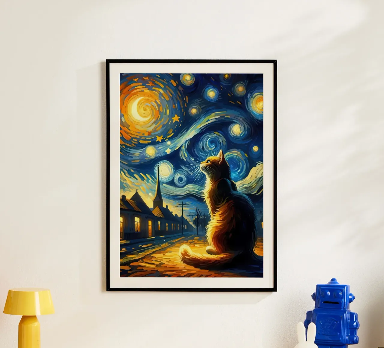 Gatto notte stellata van gogh poster con telaio in plastica da Adrian Patel
