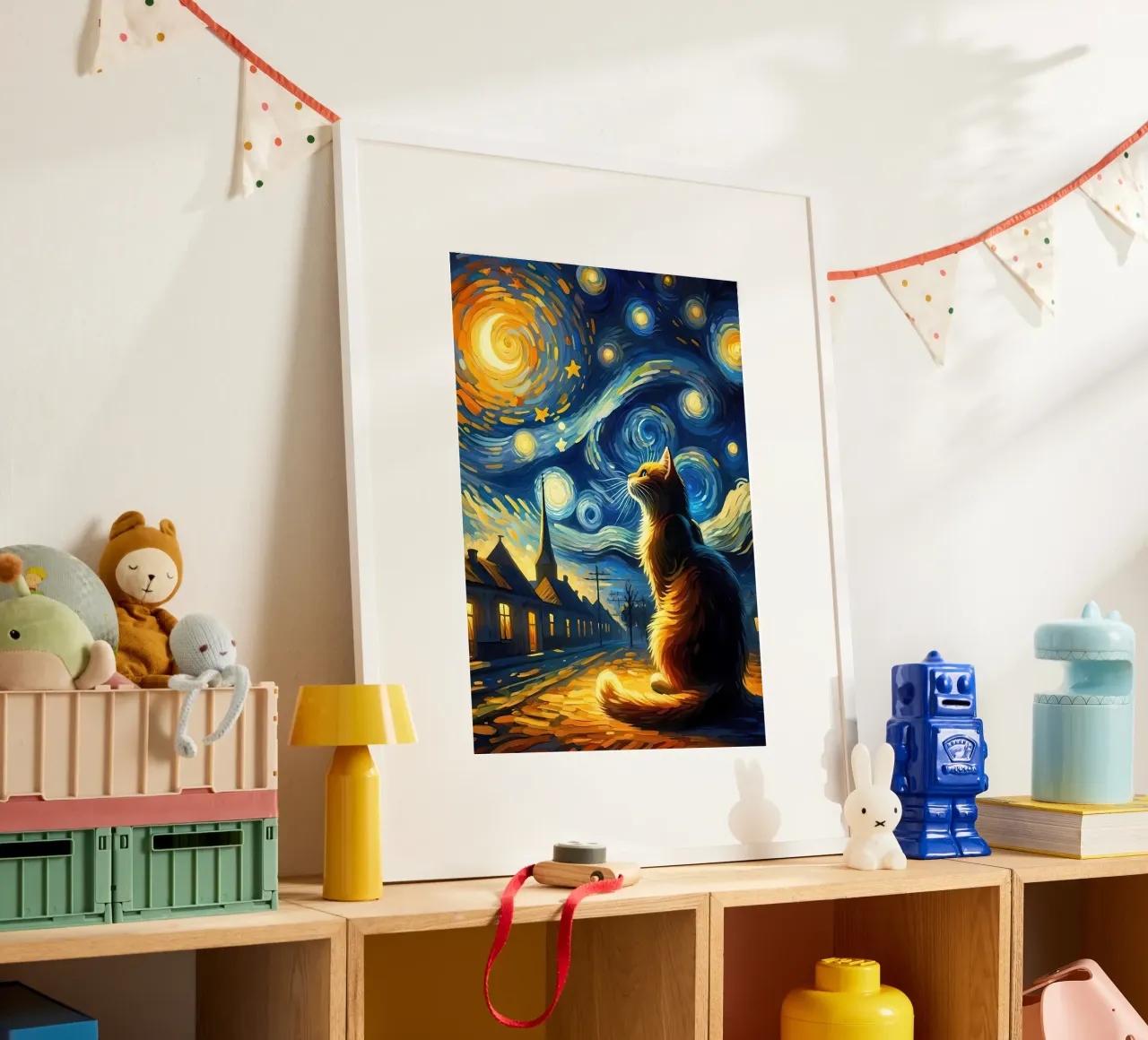 Gatto notte stellata van gogh poster con telaio in plastica da Adrian Patel