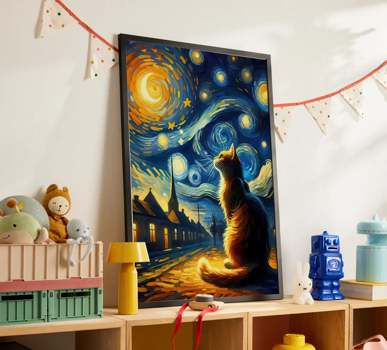 Gatto notte stellata van gogh poster con telaio in plastica da Adrian Patel