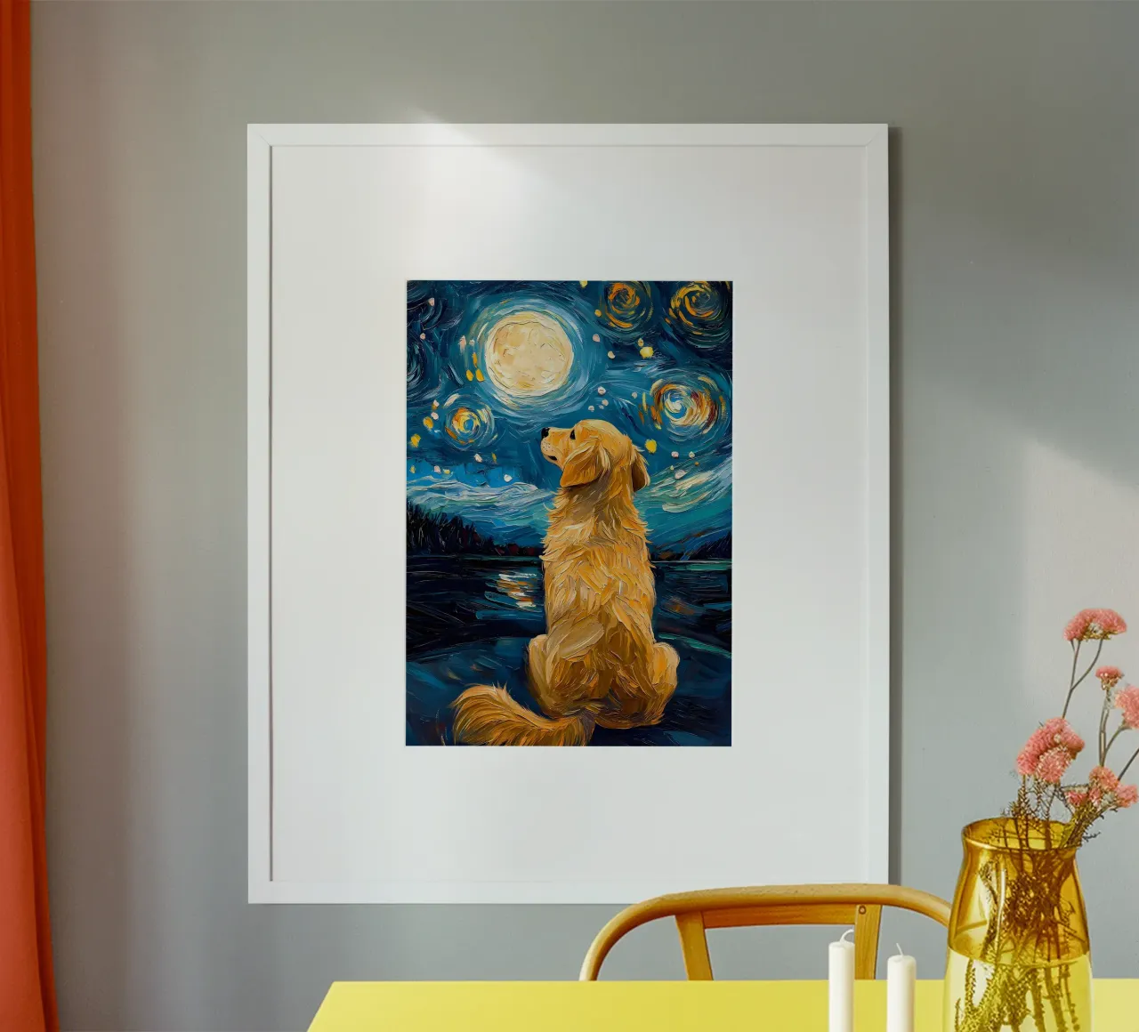 Golden Retriever Notte stellata poster con telaio in legno da Adrian Patel