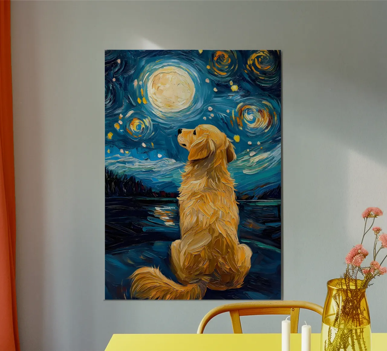 Golden Retriever Notte stellata poster con telaio in legno da Adrian Patel