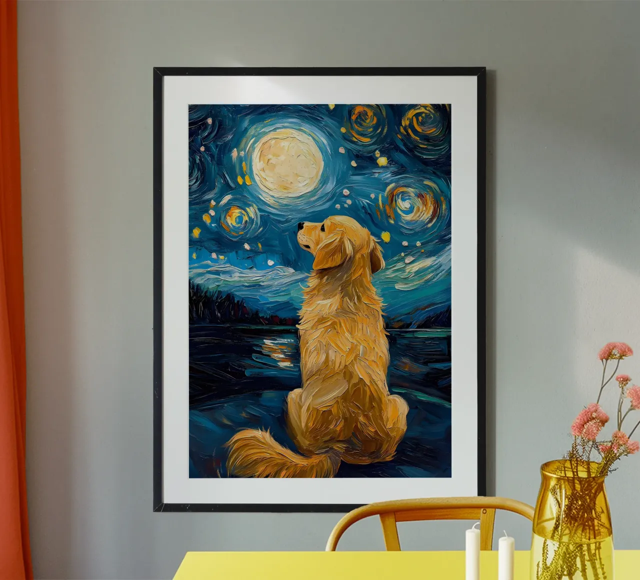 Golden Retriever Notte stellata poster con telaio in legno da Adrian Patel