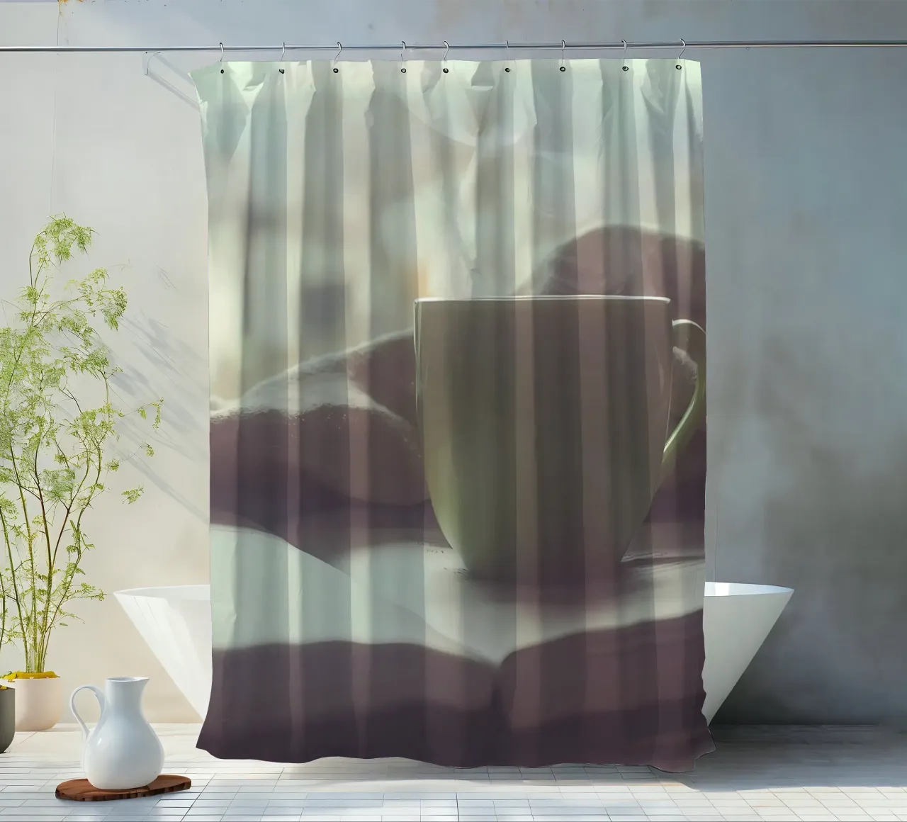 Coffee while reading shower curtain by Aiden Garcia