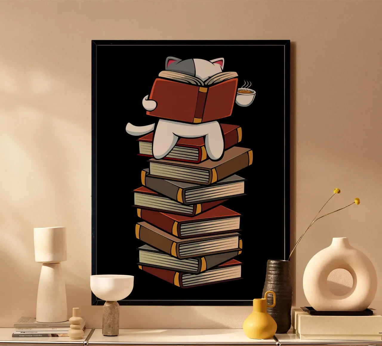 Gattini Gatti Tè e Libri poster con telaio in legno da Aiden Garcia