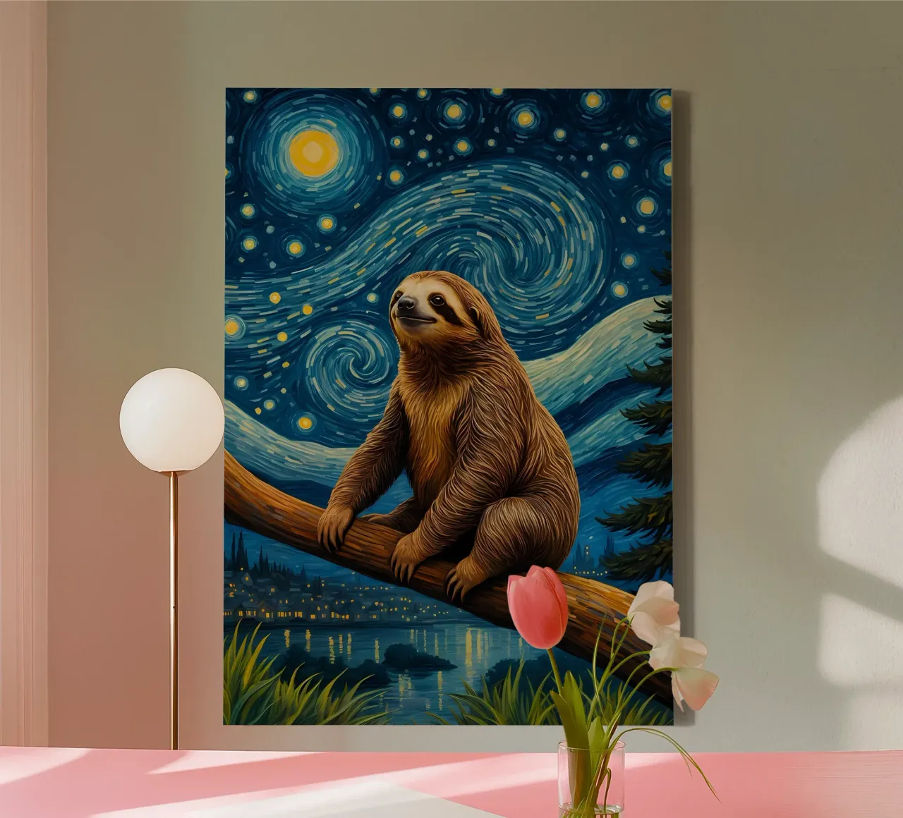 Faultier Sternennacht Leinwand mit Schattenfugenrahmen von Adrian Patel