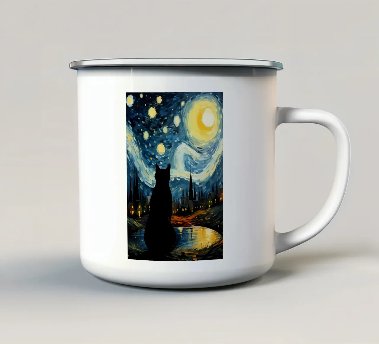 Gatto notturno stellato tazza in smalto da Adrian Patel