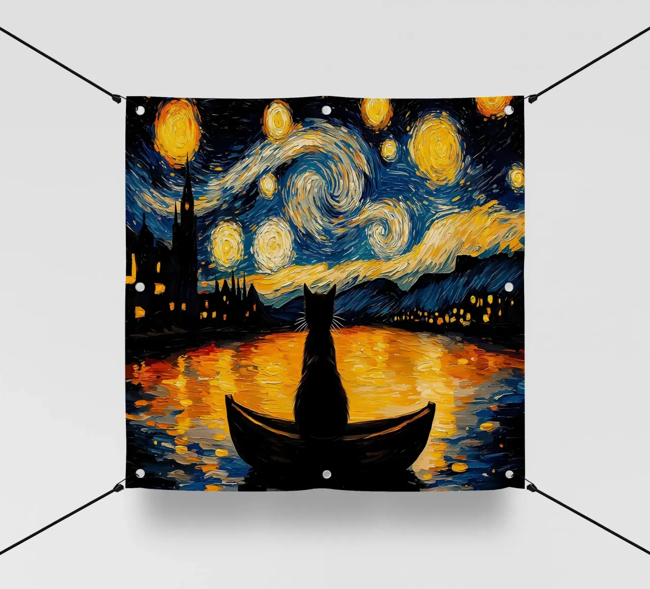 Gatto nella notte stellata telo in pvc da Adrian Patel
