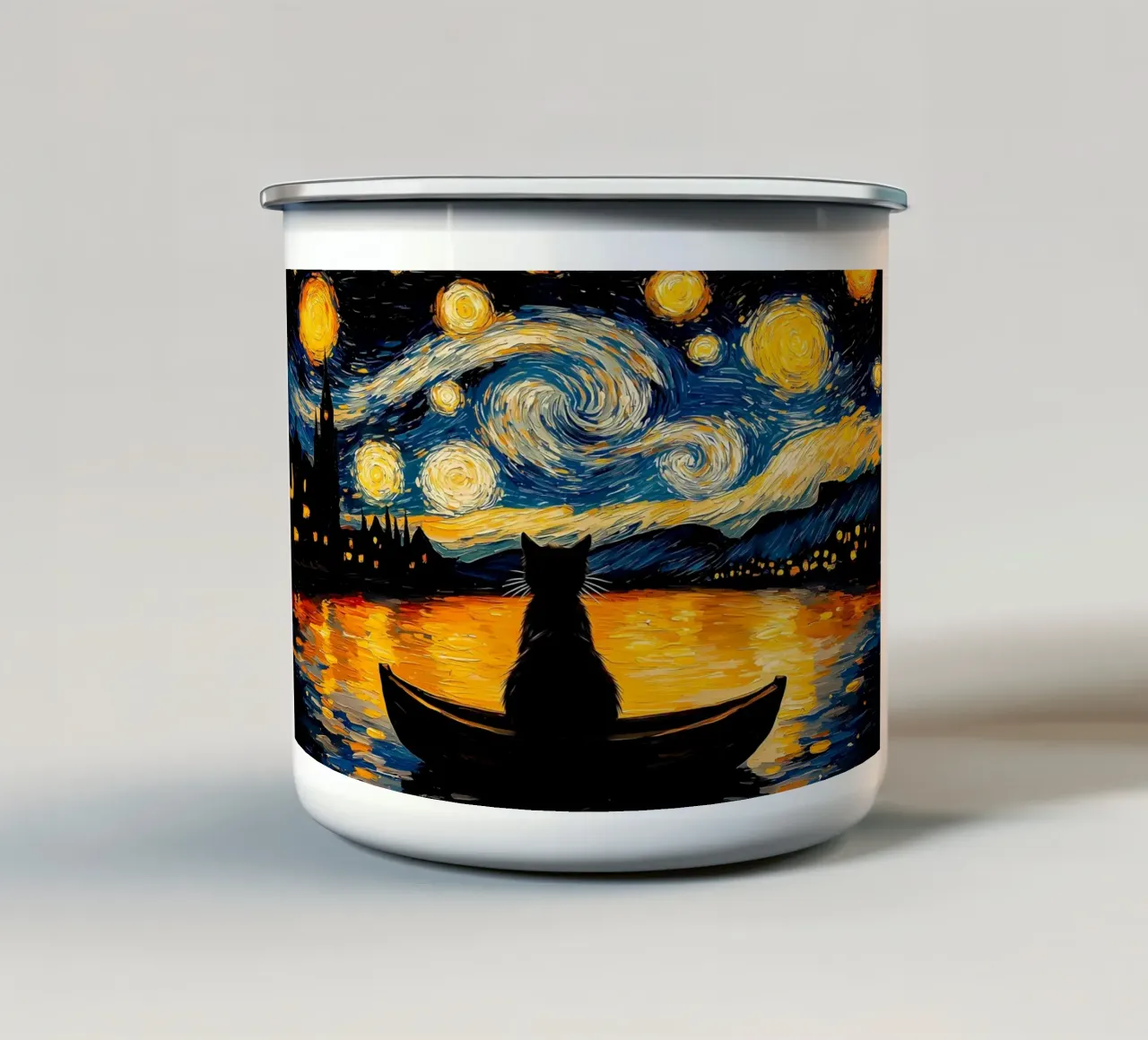 Gatto nella notte stellata tazza in smalto da Adrian Patel