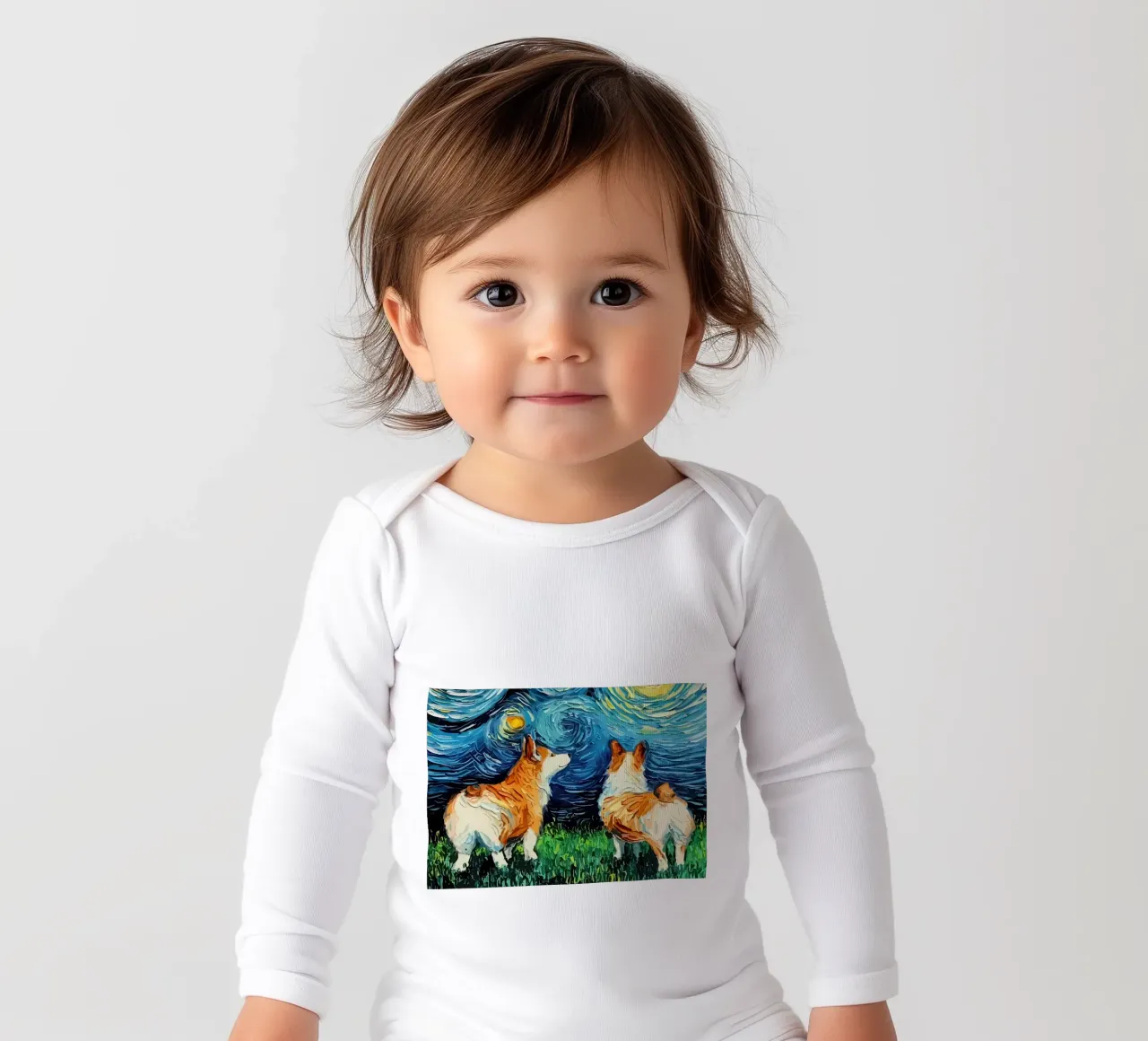 Dog Starry Night Corgi long-sleeve baby romper by Adrian Patel