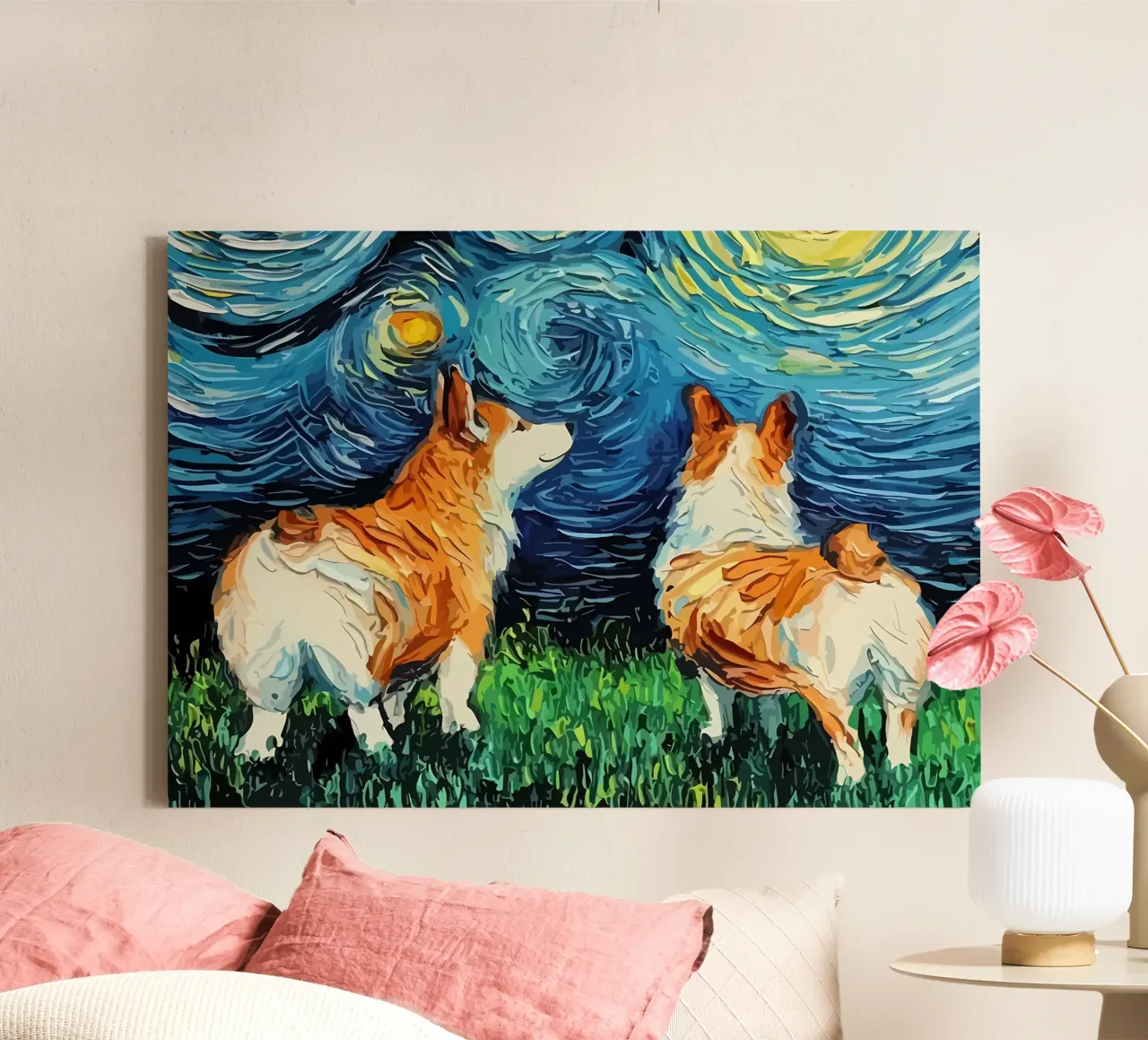Cane Notte stellata Corgi tela con Cornice a cassetta da Adrian Patel