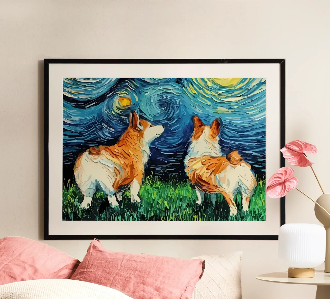 Cane Notte stellata Corgi poster con telaio in plastica da Adrian Patel