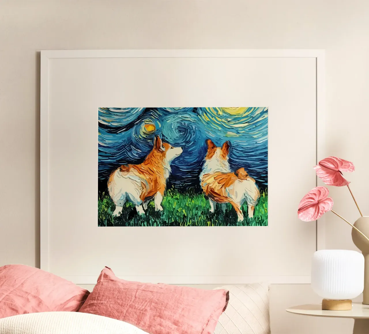 Cane Notte stellata Corgi poster con telaio in plastica da Adrian Patel