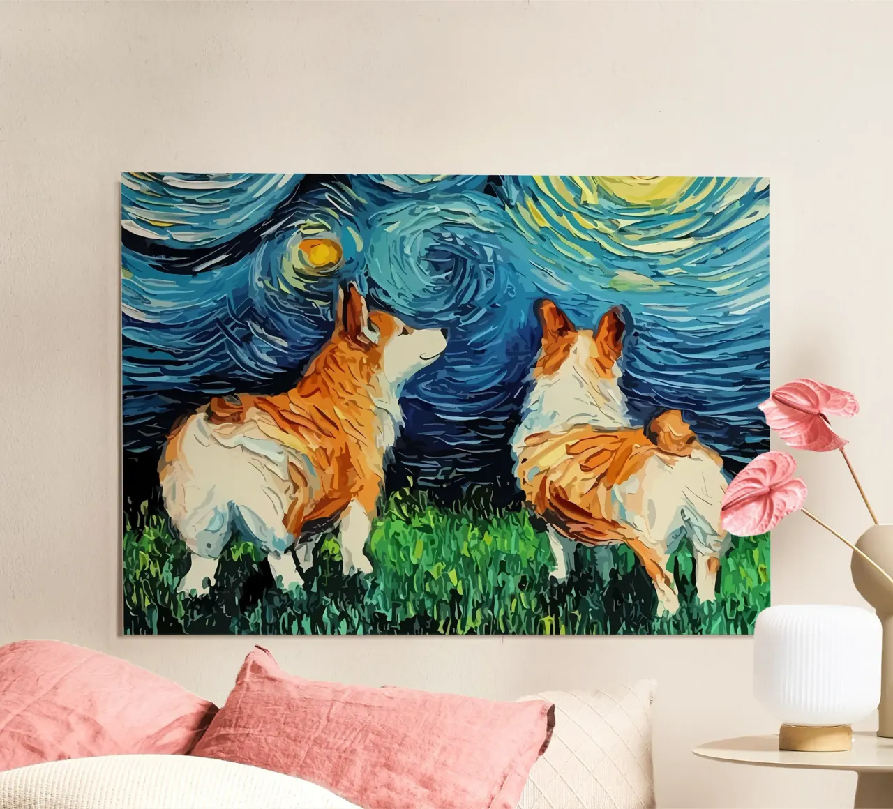 Cane Notte stellata Corgi poster con telaio in plastica da Adrian Patel