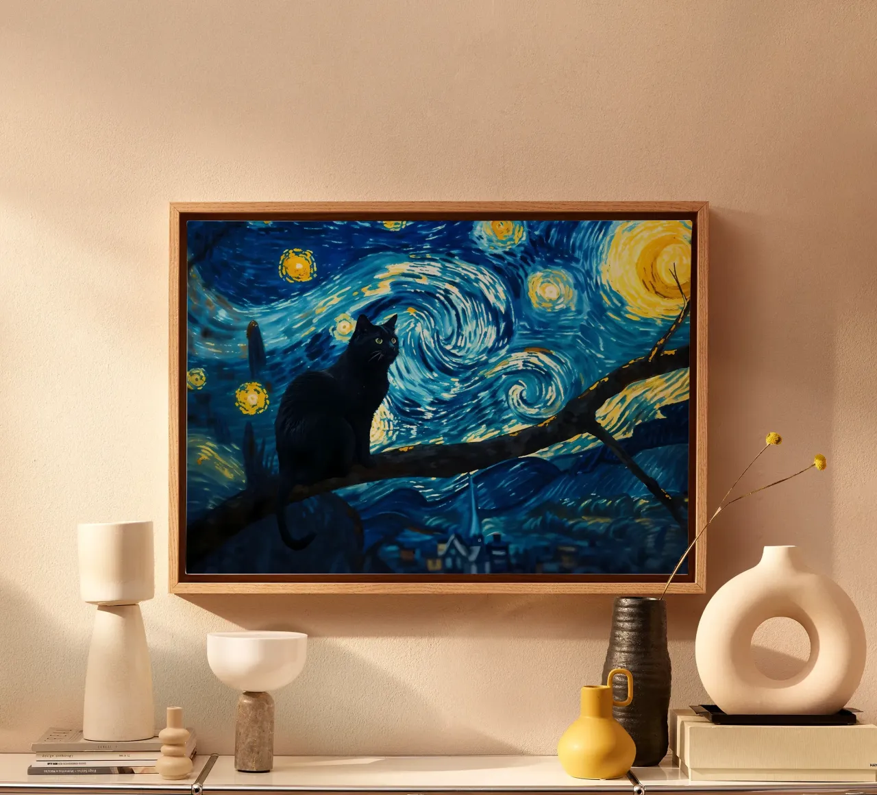 gatto della notte stellata tela con Cornice a cassetta da Adrian Patel