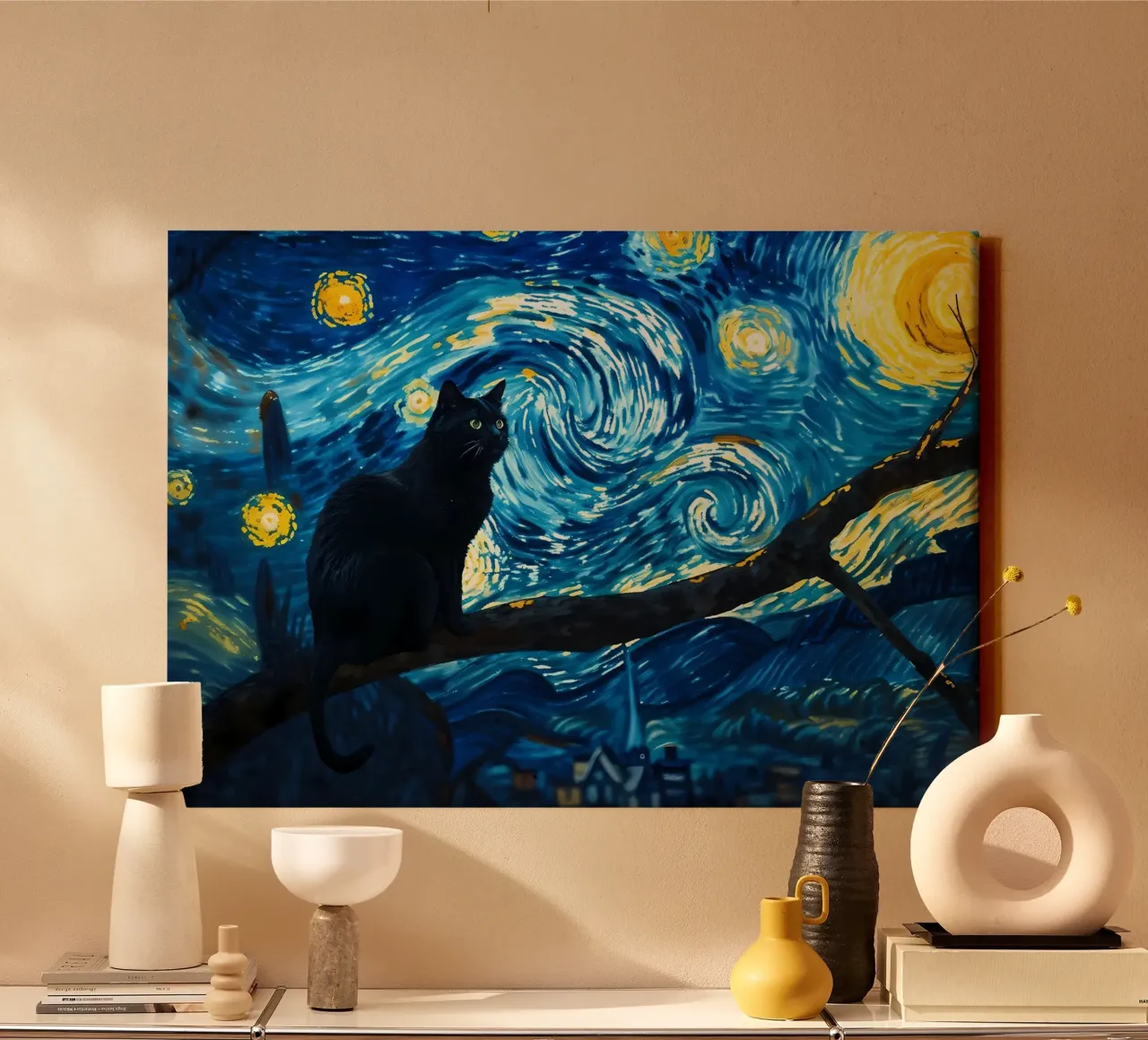 gatto della notte stellata tela con Cornice a cassetta da Adrian Patel