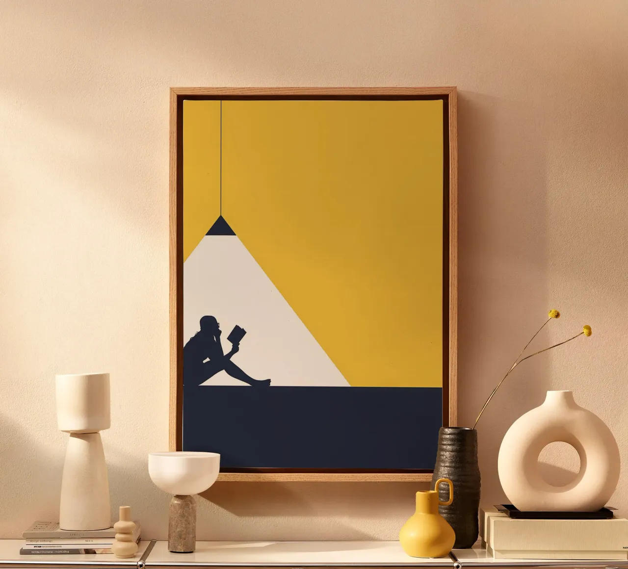 Silhouette Reading Under Light canvas with Floater frame by Aiden Garcia