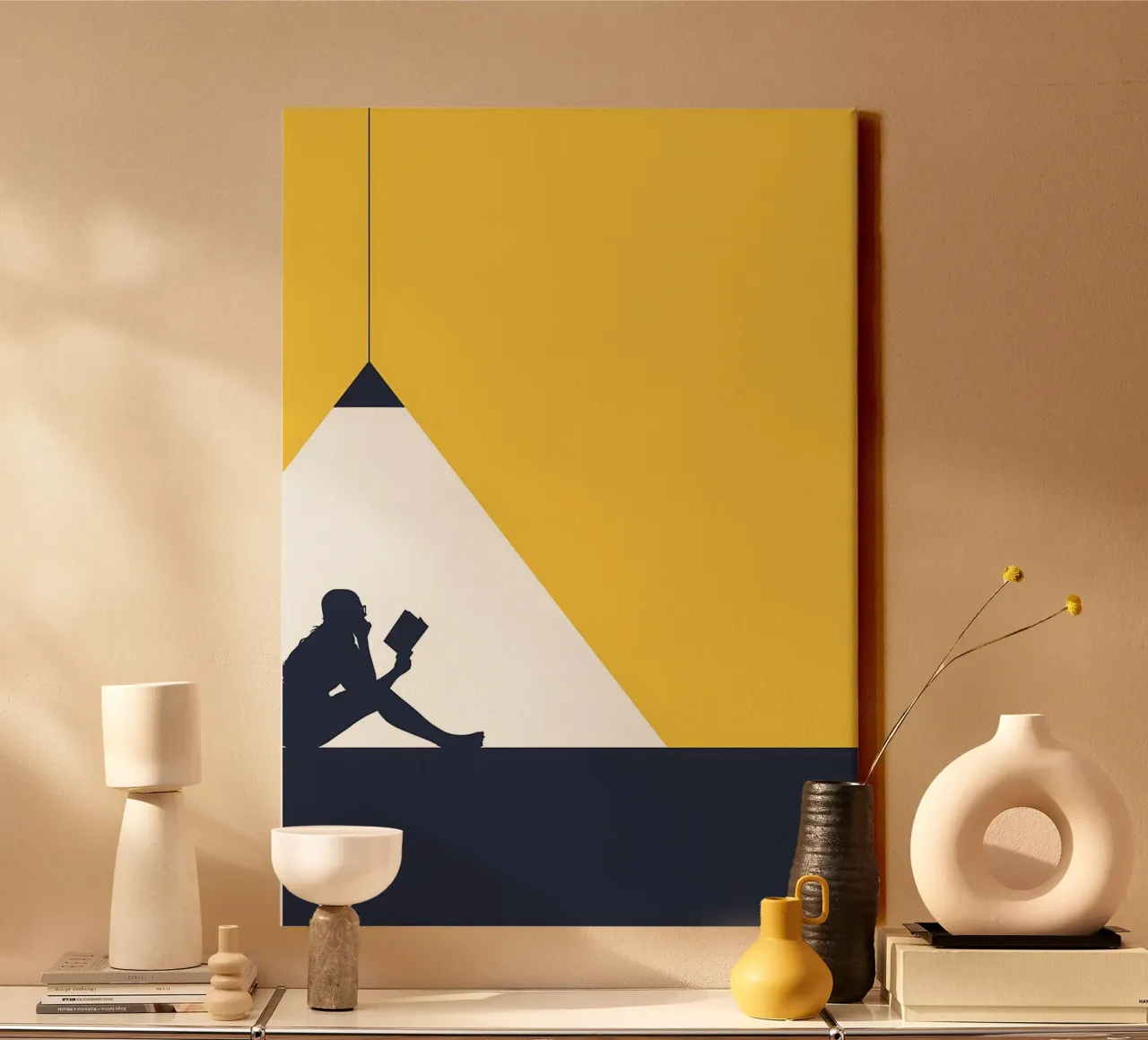 Silhouette Reading Under Light canvas with Floater frame by Aiden Garcia