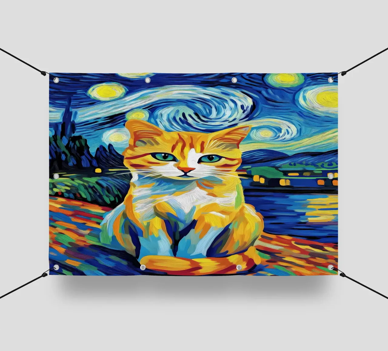 Gatto nella notte stellata telo in pvc da Adrian Patel