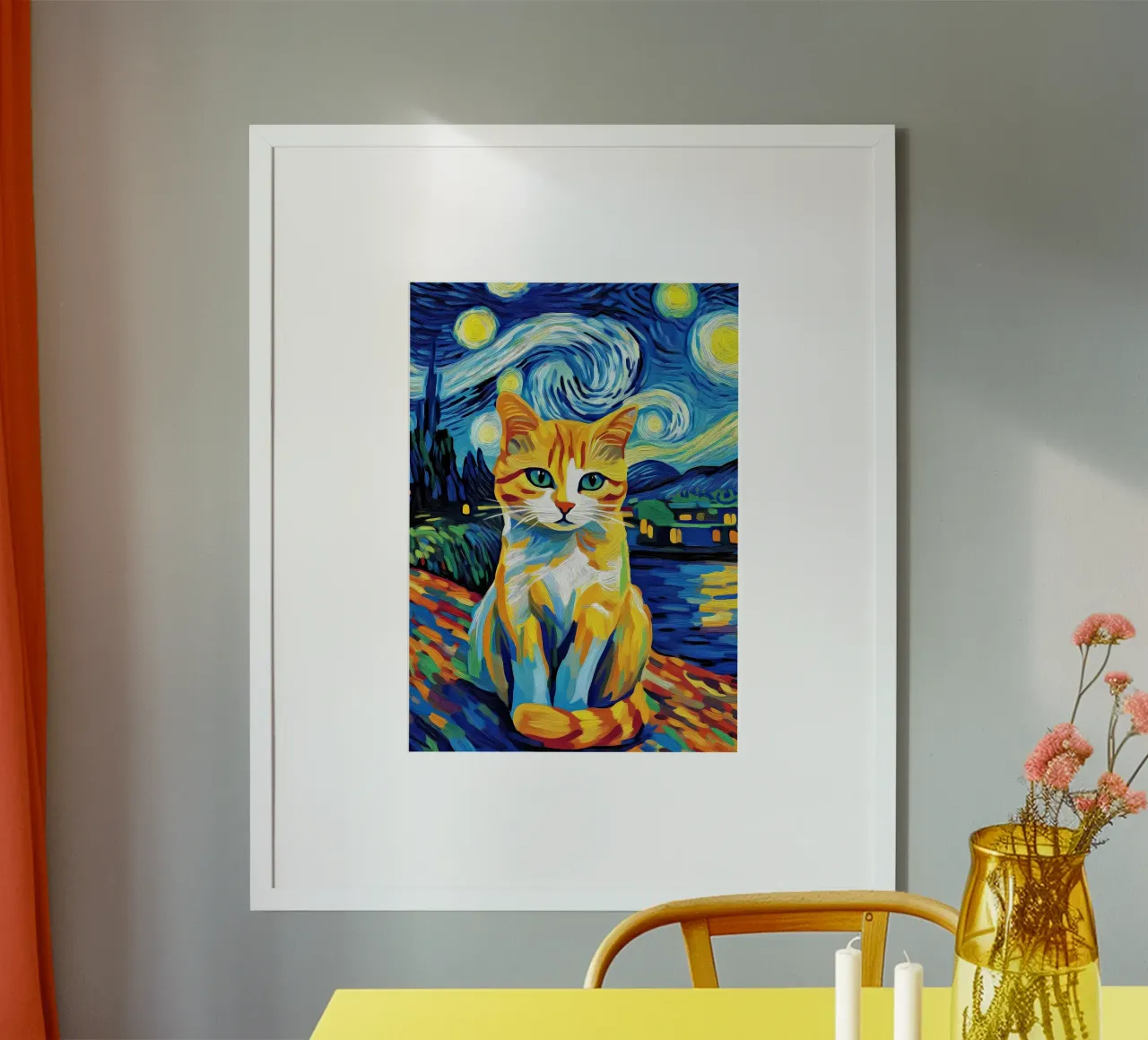 Gatto nella notte stellata poster con telaio in alluminio da Adrian Patel