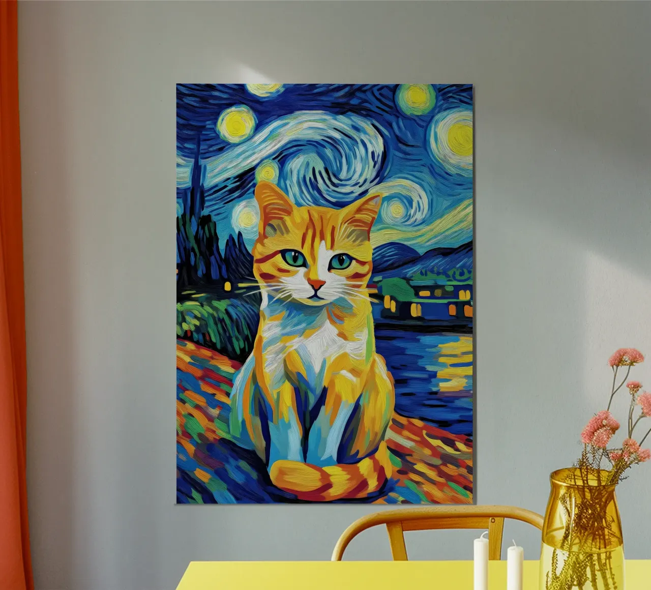 Gatto nella notte stellata poster con telaio in alluminio da Adrian Patel